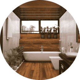 Biophilic Design bathrooms with plants around a white tub and brown hardwood floors with brown wood accent wall
