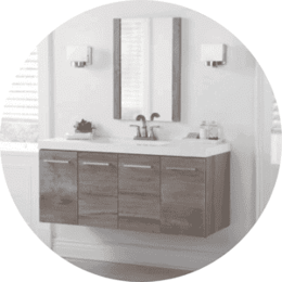 Floating Bathroom Vanity with brown wood and white sink with white wall background and lights on sides of mirror